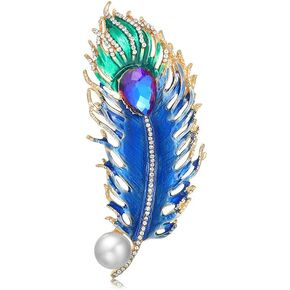 Elegant Peacock Feather Brooch Pins for Women Girls Teardrop Crystal CZ Pearl Badge Corsages Scarf Clips Lapel Pin Brooches for Ladies Clothing Tie Dress Accessories Decorative