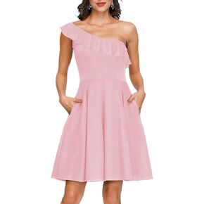 فستان نسائي قصير مكشكش بكتف واحد بدون أكمام ومتوهج على شكل حرف A لحفلات الكوكتيل مع جيوب in Kuwait