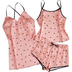 Milumia Women's Satin Pajamas 3 Piece Heart Print Cami Top and Shorts Pj Sets Loungewear