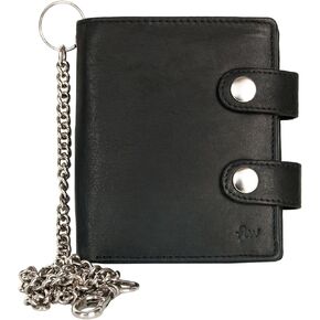 FLW Spacious Black Biker's Genuine Leather Wallet with a Chain