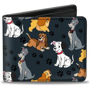 Buckle-Down Men's Wallet, Bifold, Group Collage Paws Gray Black, Vegan Leather, Disney Dogs Collection, 4.0" x 3.5"