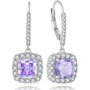 Halo Sterling Silver Leverback Earrings - Guesma 7x7mm Dangle Drop Earrings Square Created Birthstone - Wedding Earrings Jewelry