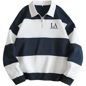 Floerns Women's Letter Print Striped Sweatshirt Quarter Zip Collar Pullover Tops