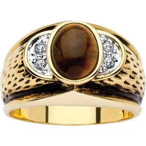 PalmBeach Men's Yellow Gold-plated Antiqued Oval Shaped Genuine Brown Tiger's Eye and Round Crystal Ring Sizes 8-13