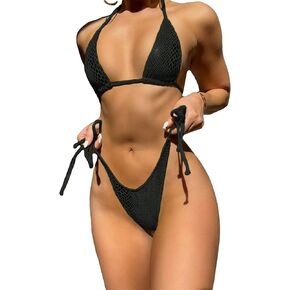 Women's Metallic Snakeskin Print Bathing Suit High Waisted Triangle Tie Side Swimsuit Bikini Set