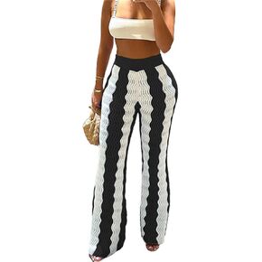 بنطال CALEBGAR نسائي واسع الساق كاجوال مخطط ومرن من الكروشيه in Kuwait