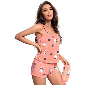 SOLY HUX Women's Cute Cartoon Print Cami Top and Shorts Pajama Set Sleepwear with Eye Mask