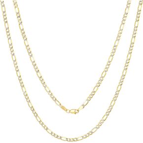 Nuragold 14k Yellow Gold Solid 4mm Figaro Chain Link Diamond Cut Pave Two Tone Pendant Necklace, Mens Jewelry Lobster Clasp 16" 18" 20" 22" 24" 26" 28" 30"
