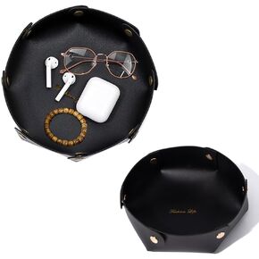 ZHLZTYYL 2 pcs PU Leather Jewelry Cosmetic Tray Round Storage Tray Portable Key Bowl Desktop Storage Tray for Wallet, Earphone, Watch, Coin,Travel, Home Or Office (Black)