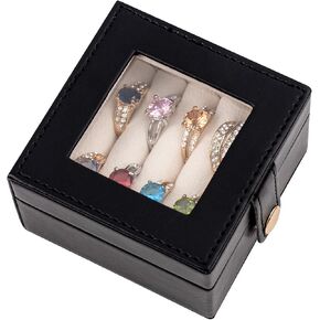SANQIANWAN Small Leather Jewelry Box with Glass Top Mini Ring Display Case with 4 Slots for Selling Gift for Girls and Women (Black)