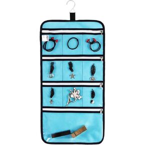 Hanging Jewelry Organizer with 10 Zippered Clear Pockets for Travel Suitcase and Home Closet Jewelry Storage Bag (BLUE)