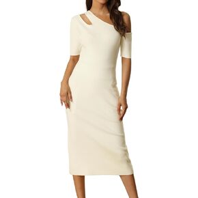 Women's Cold Shoulder Pullover Sweater Dresses Short Sleeve Bodycon Knit Cutout Midi Dress