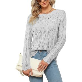 Blooming Jelly Womens Casual Fall Sweaters Dressy Knitted Pullover Crew Neck Long Sleeve Hollow Out Tops