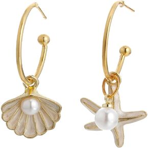 Shell Hoop Earrings, Asymmetric Shell and Starfish Earrings Seashore Hoop Earrings Beach Jewelry
