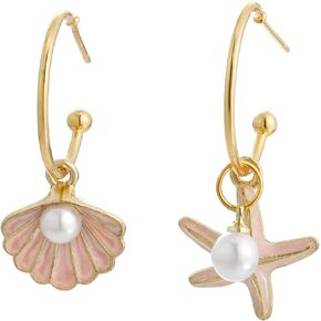 Shell Hoop Earrings, Asymmetric Shell and Starfish Earrings Seashore Hoop Earrings Beach Jewelry