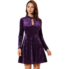 Allegra K Women's Keyhole Neck Dresses High Waist Long Sleeve Christmas Velvet Swing Mini Dress