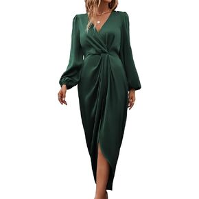 SweatyRocks Women's Short Puff Sleeve V Neck Satin Dress Elegant Ruched Wrap Long Dresses