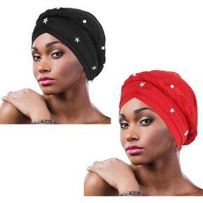 Urieo African Turban Headwrap Cap Twisted Braid Head Wrap Beaded Beanie Headscarf for Women Pack of 2