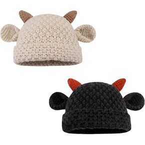 CORIRESHA Unisex Cute Horns Bear Ears Beanie Winter Crochet Hat Animal Lover Gift