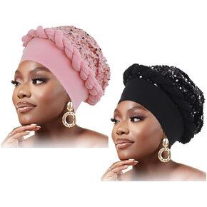 Woeoe Women's Turban Head Wraps Sequins Beanie Cap Headwrap Pre Tied Braid Head Cover Cap Headwear for Black Women(Pack of 2)