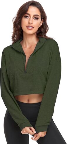 LURANEE Women's Half Zip Sweatshirt Drop Shoulder Long Sleeves Crop Tops Collar 1/2 Zipper Pullover in Kuwait
