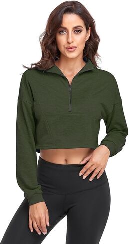 LURANEE Women's Half Zip Sweatshirt Drop Shoulder Long Sleeves Crop Tops Collar 1/2 Zipper Pullover in Kuwait