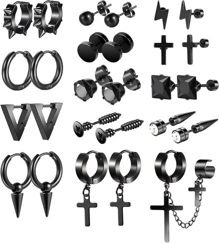 أقراط للرجال، أقراط متقاطعة سوداء صغيرة للرجال، مجموعة 29 قطعة من الفولاذ المقاوم للصدأ على الطراز القوطي EMO Goth Punk، مجموعة أقراط حلقية للثقب للجنسين هدايا عيد ميلاد in Kuwait