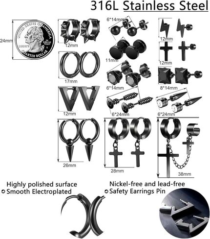 أقراط للرجال، أقراط متقاطعة سوداء صغيرة للرجال، مجموعة 29 قطعة من الفولاذ المقاوم للصدأ على الطراز القوطي EMO Goth Punk، مجموعة أقراط حلقية للثقب للجنسين هدايا عيد ميلاد in Kuwait