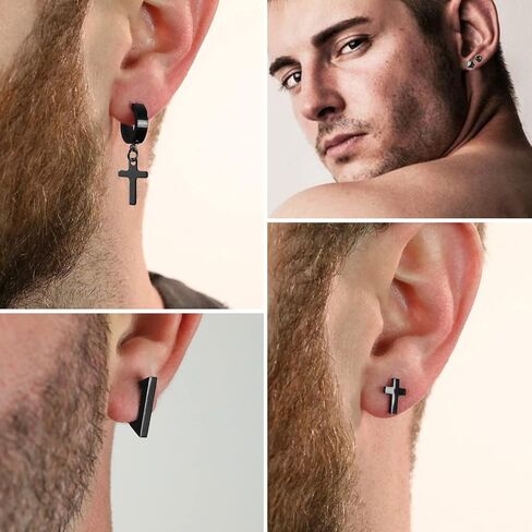 أقراط للرجال، أقراط متقاطعة سوداء صغيرة للرجال، مجموعة 29 قطعة من الفولاذ المقاوم للصدأ على الطراز القوطي EMO Goth Punk، مجموعة أقراط حلقية للثقب للجنسين هدايا عيد ميلاد in Kuwait