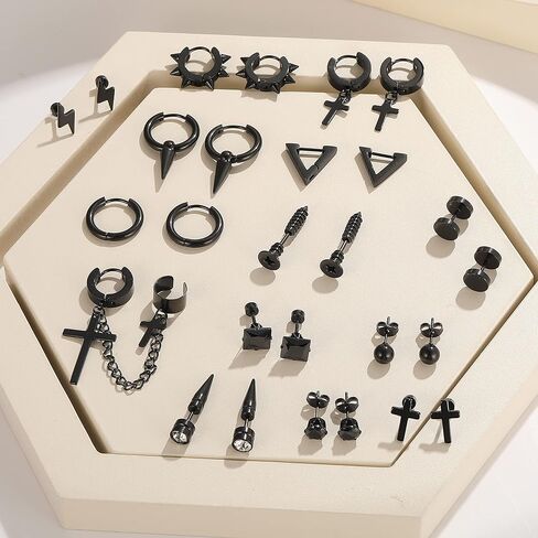 أقراط للرجال، أقراط متقاطعة سوداء صغيرة للرجال، مجموعة 29 قطعة من الفولاذ المقاوم للصدأ على الطراز القوطي EMO Goth Punk، مجموعة أقراط حلقية للثقب للجنسين هدايا عيد ميلاد in Kuwait