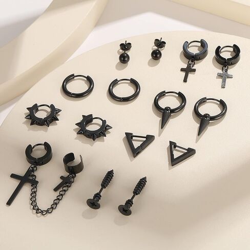 أقراط للرجال، أقراط متقاطعة سوداء صغيرة للرجال، مجموعة 29 قطعة من الفولاذ المقاوم للصدأ على الطراز القوطي EMO Goth Punk، مجموعة أقراط حلقية للثقب للجنسين هدايا عيد ميلاد in Kuwait