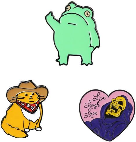 Cute Frog Heart Skull Cowboy Cat Enamel Pins 3Pcs Cartoon Lapel Badge Animal Pin Brooch Hat Bag Clothing Accessories Jewelry Gift, Metal, no gemstone in Kuwait