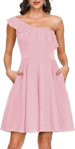 فستان نسائي قصير مكشكش بكتف واحد بدون أكمام ومتوهج على شكل حرف A لحفلات الكوكتيل مع جيوب in Kuwait