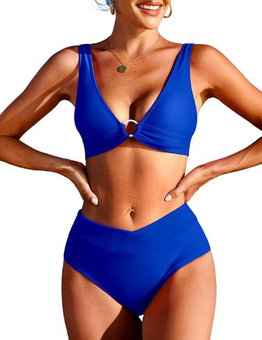 AI'MAGE Women High Waisted Bikini V Neck Swimsuit O-Ring Two Pieces Bathing Royal Blue in Saudi Arabia
