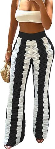 بنطال CALEBGAR نسائي واسع الساق كاجوال مخطط ومرن من الكروشيه in Kuwait