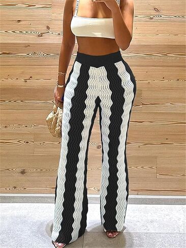 بنطال CALEBGAR نسائي واسع الساق كاجوال مخطط ومرن من الكروشيه in Kuwait