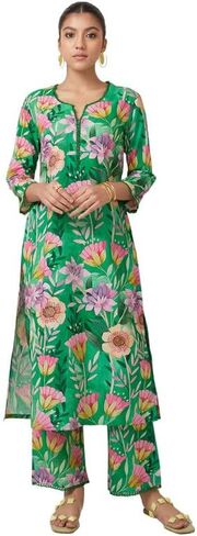 مجموعة بنطلونات كورتا للنساء من ذا لوم 3/4 كم رقبة دائرية على شكل حرف V ملابس عرقية هندية مطبوعة كورتي للفتيات باللون الأخضر والوردي in Kuwait