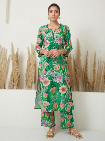 مجموعة بنطلونات كورتا للنساء من ذا لوم 3/4 كم رقبة دائرية على شكل حرف V ملابس عرقية هندية مطبوعة كورتي للفتيات باللون الأخضر والوردي in Kuwait