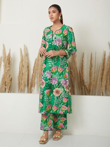 مجموعة بنطلونات كورتا للنساء من ذا لوم 3/4 كم رقبة دائرية على شكل حرف V ملابس عرقية هندية مطبوعة كورتي للفتيات باللون الأخضر والوردي in Kuwait