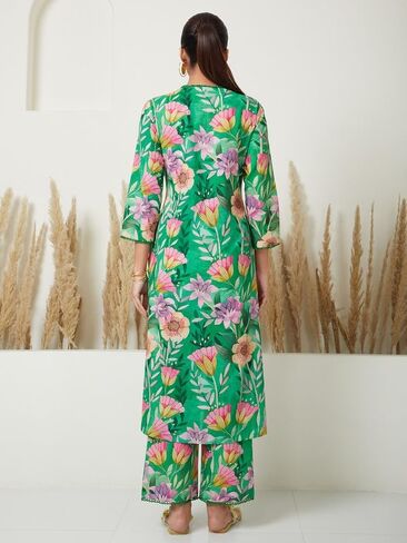 مجموعة بنطلونات كورتا للنساء من ذا لوم 3/4 كم رقبة دائرية على شكل حرف V ملابس عرقية هندية مطبوعة كورتي للفتيات باللون الأخضر والوردي in Kuwait