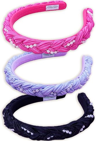 فروج ساك 3 عصابات رأس لؤلؤية للبنات، عصابات راس مضفرة من الساتان للاطفال، اكسسوارات شعر مضفرة للبنات لطيفة، حزمة شريط راس صلب للاطفال، اشرطة شعر بلون اسود وارجواني وزهري مع لؤلؤ in Kuwait