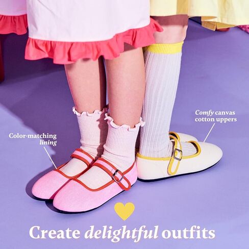 Bimbobimba فستان بناتي حذاء كاجوال قماش ماري جين مسطح مزين ببطانات ملونة ووجه مبتسم للأطفال الصغار in Kuwait