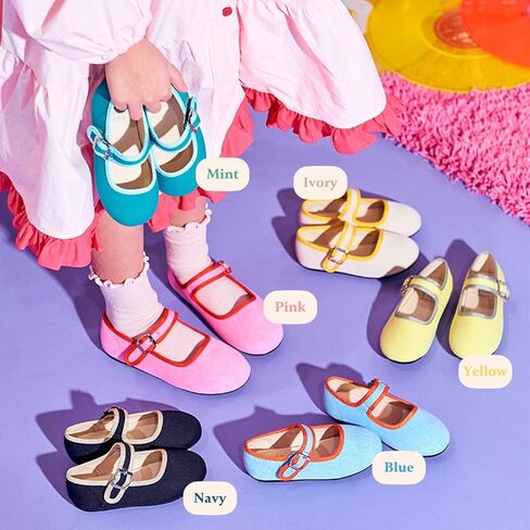 Bimbobimba فستان بناتي حذاء كاجوال قماش ماري جين مسطح مزين ببطانات ملونة ووجه مبتسم للأطفال الصغار in Kuwait