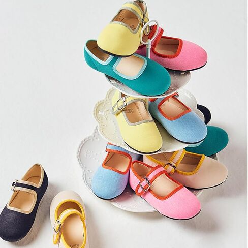 Bimbobimba فستان بناتي حذاء كاجوال قماش ماري جين مسطح مزين ببطانات ملونة ووجه مبتسم للأطفال الصغار in Kuwait