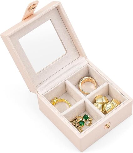 SANQIANWAN Small Leather Jewelry Box with Glass Top Mini Ring Display Case with 4 Slots for Selling Gift for Girls and Women (Black) in Saudi Arabia