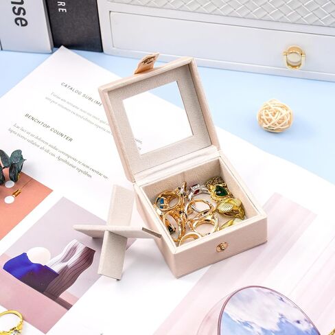 SANQIANWAN Small Leather Jewelry Box with Glass Top Mini Ring Display Case with 4 Slots for Selling Gift for Girls and Women (Black) in Saudi Arabia