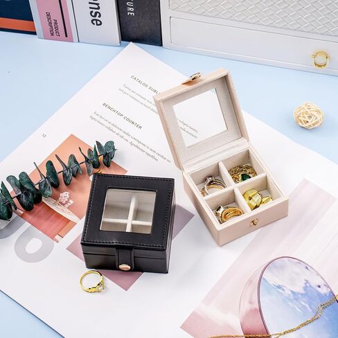 SANQIANWAN Small Leather Jewelry Box with Glass Top Mini Ring Display Case with 4 Slots for Selling Gift for Girls and Women (Black) in Saudi Arabia