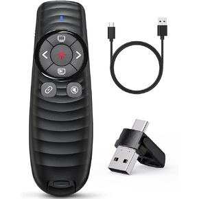Presentation Clicker Wireless, 2-in-1 USB/Type C Rechargeable Presenter Remote Control for PowerPoint, PPT Clicker Red Laser Pointer, Slide Advancer RF2.4GHz (Red Light, USB C Rechargeable)