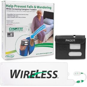 Smart Caregiver Wireless Bed Pad Alarm System with Weight Sensor and Pager for Fall Prevention | 10" x 30" Alarm Pad for Bed Alerts Medical Caregiver | Cordless Bed Alarm with Up to 300' Range