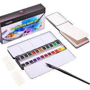 WOOCOLOR Artist Grade Watercolor Paint Set -24 Colors, Mop Paintbrush and Sketch Book included, Art Supplies for Painting, Great Watercolor Kits for Artists, Amateur Hobbyists, Holiday Gifts